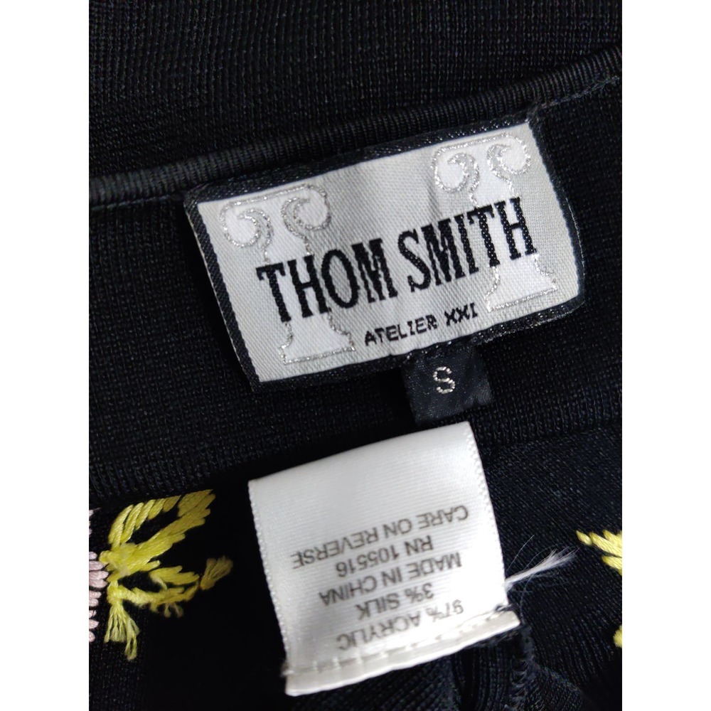 3/$20 Thom Smith Black Embroidered Floral Long Sleeve V-Neck Silk Midi Dress S - Picture 9 of 9
